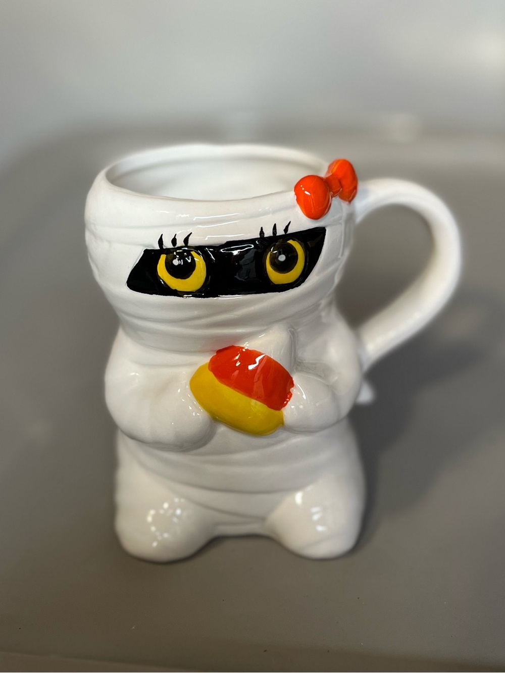 White Mummy Ceramic Mug with Orange Accents - Cute Halloween Theme